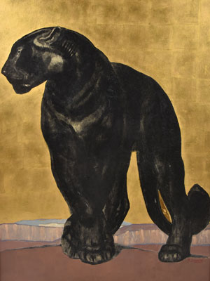 Paul Jouve Panthère noire debout 1929 Lithographie sur papier fort à fond or matifié et richement réhaussée à la gouache 88,5x65,5cm 20000-30000€